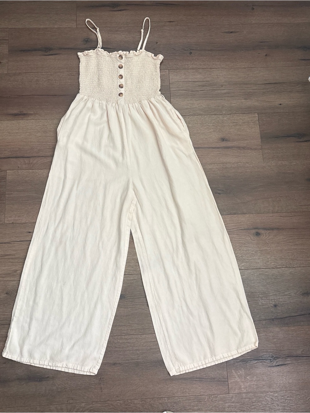 VENUS Cream Smocked Bodice Wide-Leg Jumpsuit with Buttons